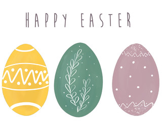 Happy Easter text at stylish easter eggs. Modern simple hand drawn illustration, greeting card sign. Pastel eggs on white background.  Space for text. Easter greetings