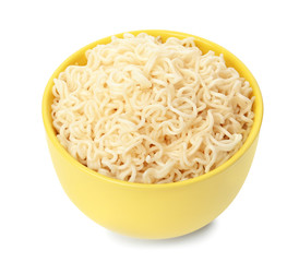 Tasty instant noodles in bowl isolated on white