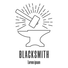 Line style icon of a hammer and anvil. Blacksmith, repair logo. Clean and modern vector illustration.