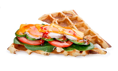 Waffle sandwich with Turkey, cheese and salad. On a white background