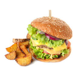 Fresh burger with fried potatoes on white background