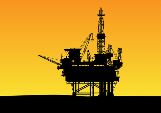 illustrated silhouette of an offshore oil drilling construction with high towers and crane
