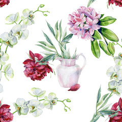 Watercolor seamless of pink peony flower in a vase. Interior artwork with pionies. Tropical rhododendron flowers  watercolor. Interior wallpaper with pink azalea and white orchids. Exotic plants print - 262297181
