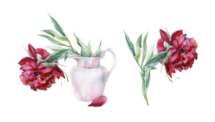 Watercolor set of pink peony flowers in a vase. Hand drawn floral illustration. Interior artwork with pionies.