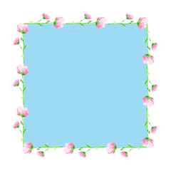 Frame of pink buttercups on blue background. Watercolor background illustration set. Watercolour drawing fashion aquarelle. Frame border ornament square.