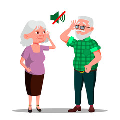 Deaf Senior Man And Woman Vector Cartoon Characters. Mute, Elderly Couple, Old People Suffering From Deafness Isolated Design Element. Grandmother And Grandfather Trying To Hear Flat Illustration