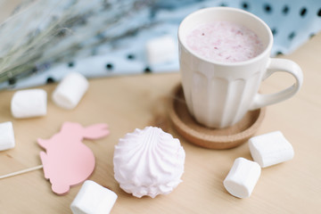 Fresh strawberry milkshake with marshmallows, close-up. Easter concept for blog or recipe book. Creative spring flatlay, top view