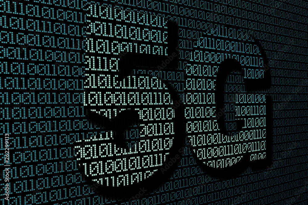 Poster term 5G on computer screen filled with binary code