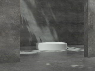 Pedestal for display,Platform for design,Blank product,concrete room with Tree shadow on the wall .3D rendering.