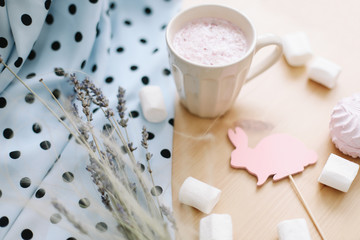 Fresh strawberry milkshake with marshmallows, close-up. Easter concept for blog or recipe book. Creative spring flatlay, top view