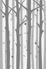 Background with tree trunks and falling fir cones and needles. A hovel forest. Monochrome design