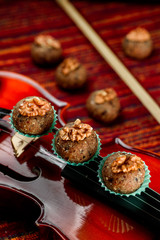 Vegan sweets/ Raw food nutty sweets decorated walnut on a beautiful red violin close-up. Healthy sweets. Desserts without sugar, milk and flour. Series of photos. Close-up. Space