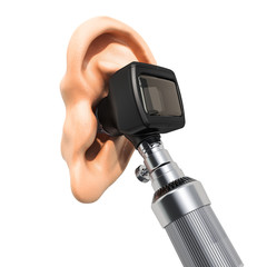 Otoscope with human ear, 3D rendering