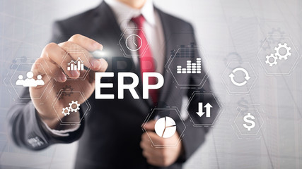 ERP system, Enterprise resource planning on blurred background. Business automation and innovation concept.