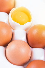 Fresh eggs in white box, closeup,
