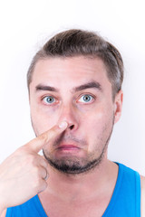 Obraz premium Emotional caucasian man showing gesture fingers