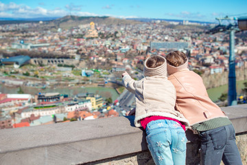 Tbilisi city panorama. Old city, new Summer Rike park, river Kura, the European Square and the Bridge of Peace