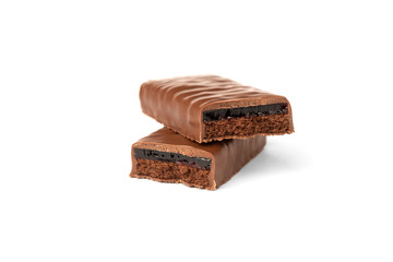 Chocolate bar with cherry jelly isolated on white background.