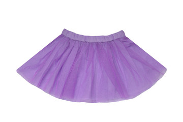 Girls clothes. Festive beautiful purple glistening little girl short summer skirt isolated on a...