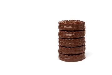 Chocolate cookies with boiled condensed milk isolated on white background. Chocolate pie.