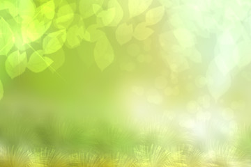 Abstract bright spring or summer landscape texture with natural green bokeh lights, leaves, flowers and a meadow with bright sunny rays. Spring or summer background with copy space.