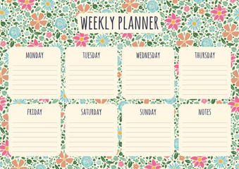 Colorful weekly planner template with floral background. Vector