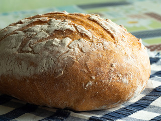 Fresh round bread with a beautiful crust lies on a napkin. Homebaked bread.