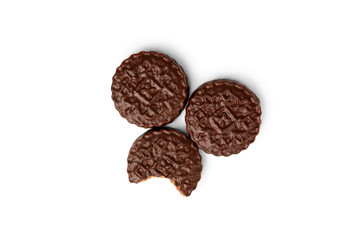 Chocolate cookies with boiled condensed milk isolated on white background. Chocolate pie.