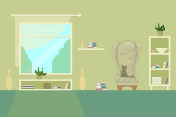 living room with armchair shelves window books lamp and cat flat vector illustration