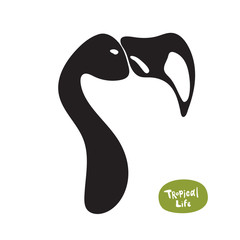 Vector isolated doodle drawn flamingo silhouette on white background. Beautiful exotic bird of the Amazon rain forest.