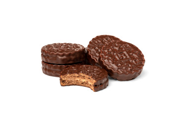 Chocolate cookies with boiled condensed milk isolated on white background. Chocolate pie.