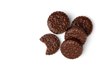 Chocolate cookies with boiled condensed milk isolated on white background. Chocolate pie.