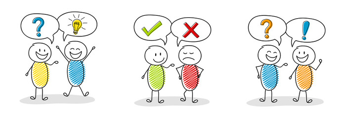 Set of cartoon stickmen with speech bubbles with business icons. Vector