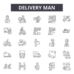 Delivery man line icons, signs set, vector. Delivery man outline concept illustration: man,delivery,service,box,courier,worker,package,job