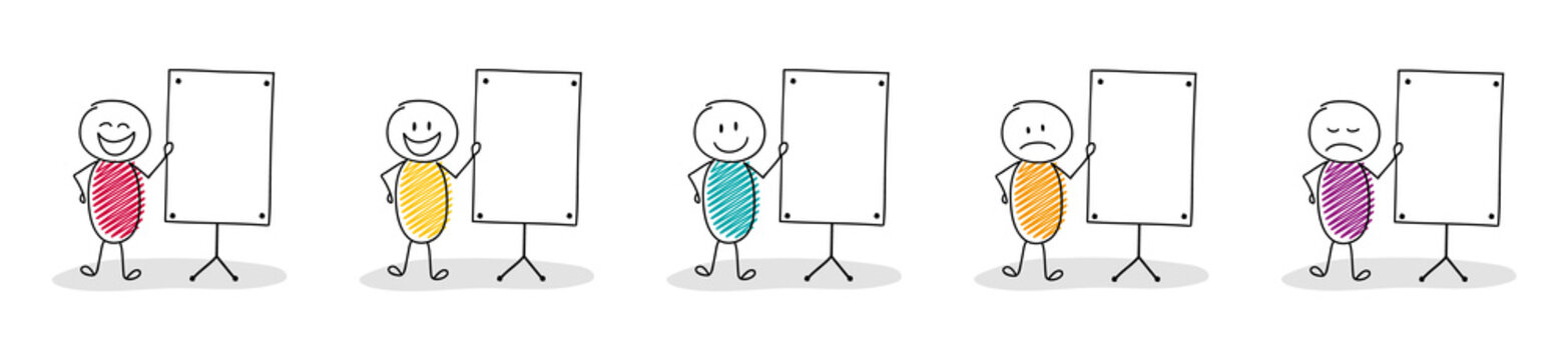 Collection of funny hand drawn stickman with empty whiteboard. Vector