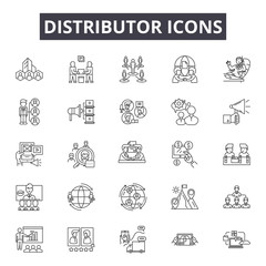 Distributor line icons, signs set, vector. Distributor outline concept illustration: distributor,delivery,distribution,flat,network,black,structure