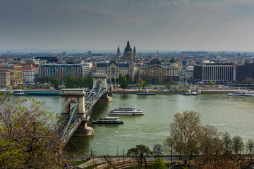 Fototapeta premium panoramic top view on budapest , danube river and bridge