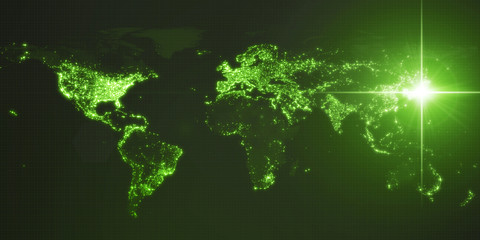 power of japan, energy beam on tokyo. dark map with illuminated cities and human density areas. 3d illustration