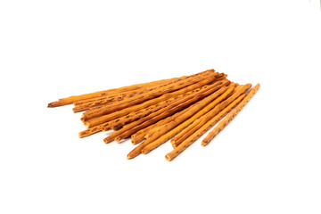 Cracker pretzel sticks isolated on white background.