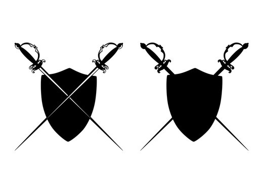 crossed epee swords and heraldic shield - black and white vector silhouette design set