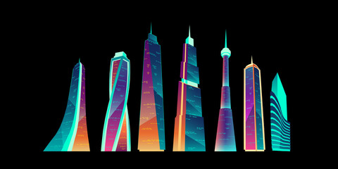 Futuristic city buildings with neon glowing set. Modern style architecture of future with illuminated towers and skyscrapers. Real estate objects design, urban cityscape. Cartoon vector illustration.
