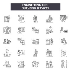 Engineering and surveing services line icons, signs set, vector. Engineering and surveing services outline concept illustration: flat,engineering,survey,technology,deset - obrazy, fototapety, plakaty