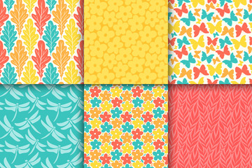 Abstract decorative doodle nature seamless patterns set. Hand drawn silhouette flowers, branches, leaves textures. Simple vector universal background. Vintage feminine colors