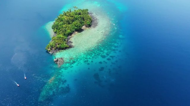 Aerial: flying over tropical island Banda Islands Maluku Indonesia Maldives Polynesia lush green forest turquoise water coral reef scenic travel destination