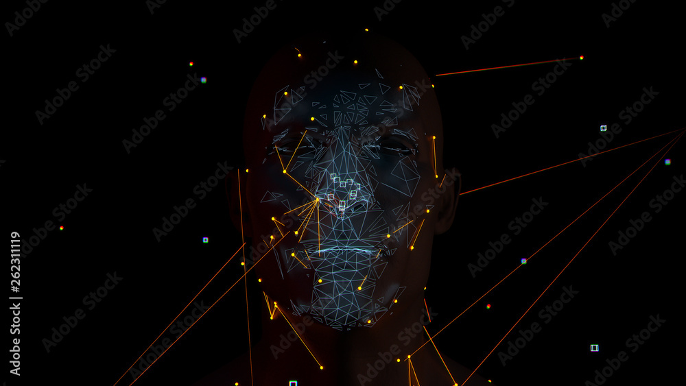 Poster 3d render of abstract face analysis. biometric identification scan concept. authentication technolog