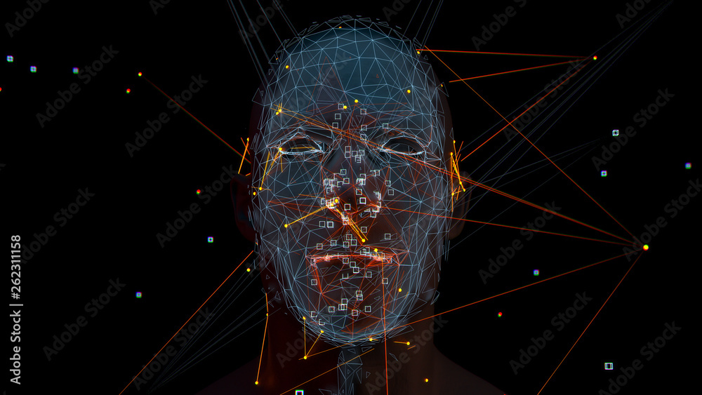Poster 3d render of abstract face analysis. biometric identification scan concept. authentication technolog