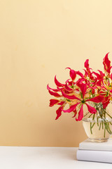 Red and yellow flowers of Gloriosa in a glass vase on a white shelf on a yellow background