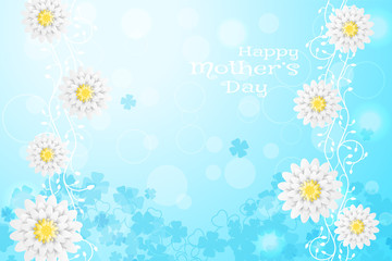 Happy Mother's Day vector wide poster on the gradient sunny blue background with floral pattern and white flowers.