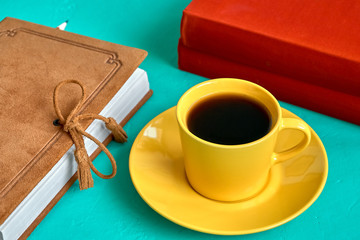 Coffee notebook Business Workspace Top view Closeup 