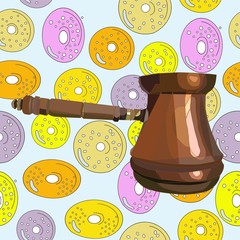 a coffe cezve realistic vector art on a colored donuts background